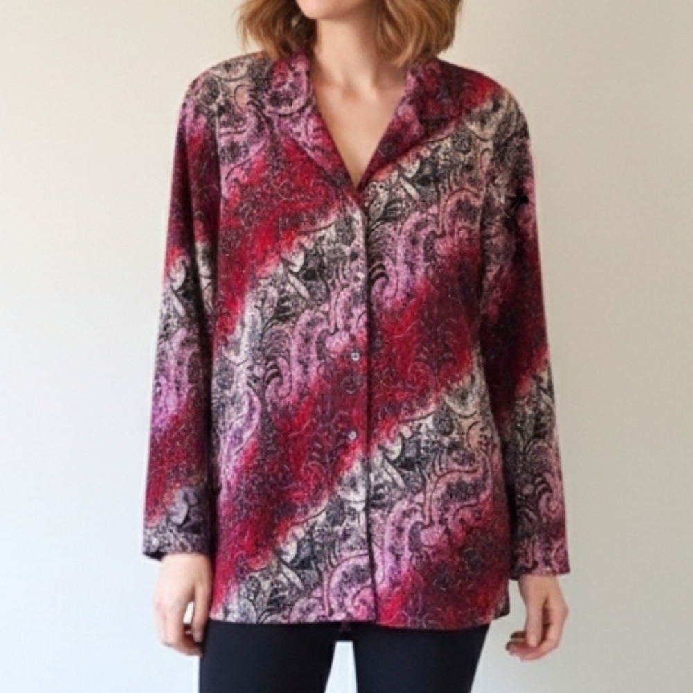 Alia 16 Dark Romantic Whimsigoth Vampy Jacquard Paisley Jersey Knit Button Shirt